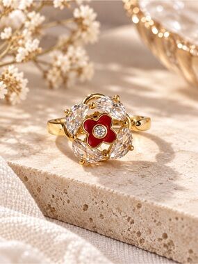 Gold Tone Red Flower Open Adjustable Spinner Ring Statement Jewelry